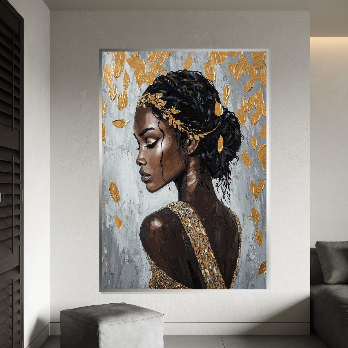 Golden Leaf Goddess Canvas Print – Afrocentric Oil-Painting Style Portrait of Elegant Black Woman, Luxury Glam Wall Art Decor