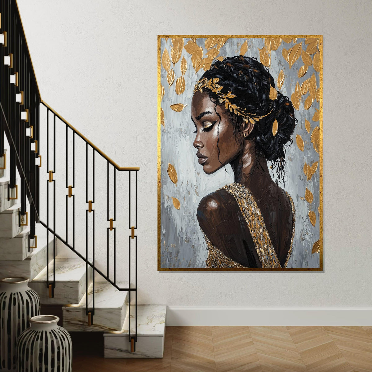 Golden Leaf Goddess Canvas Print – Afrocentric Oil-Painting Style Portrait of Elegant Black Woman, Luxury Glam Wall Art Decor