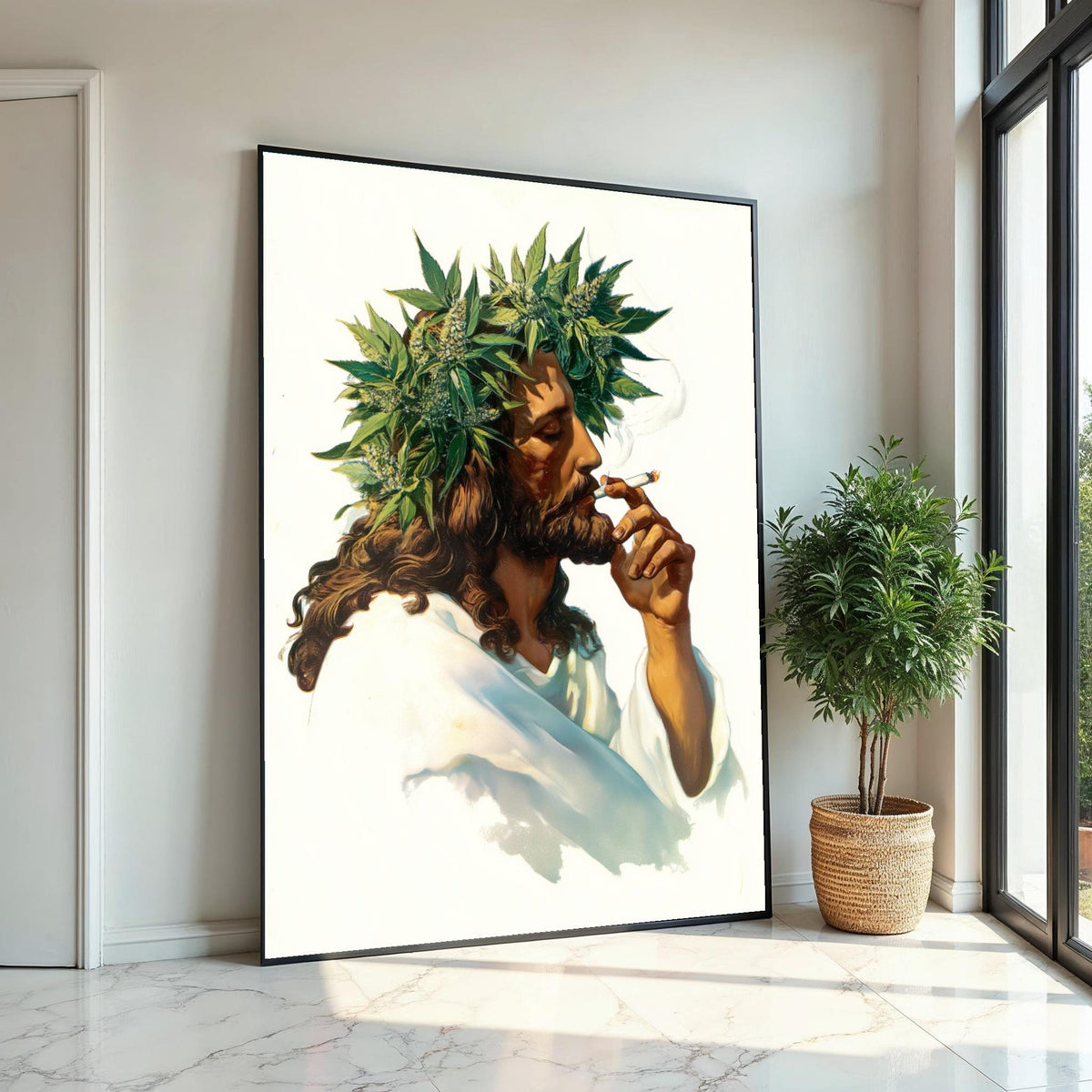 Jesus Smoking Joint Canvas Print – Retro 70s Italian-Pulp Illustration with Cannabis Crown, Boho Pop Art Wall Décor in Oil-Painting Style