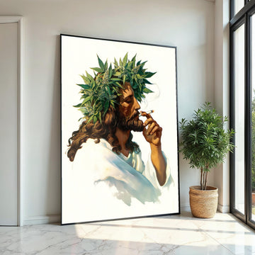 Jesus Smoking Joint Canvas Print – Retro 70s Italian-Pulp Illustration with Cannabis Crown, Boho Pop Art Wall Décor in Oil-Painting Style