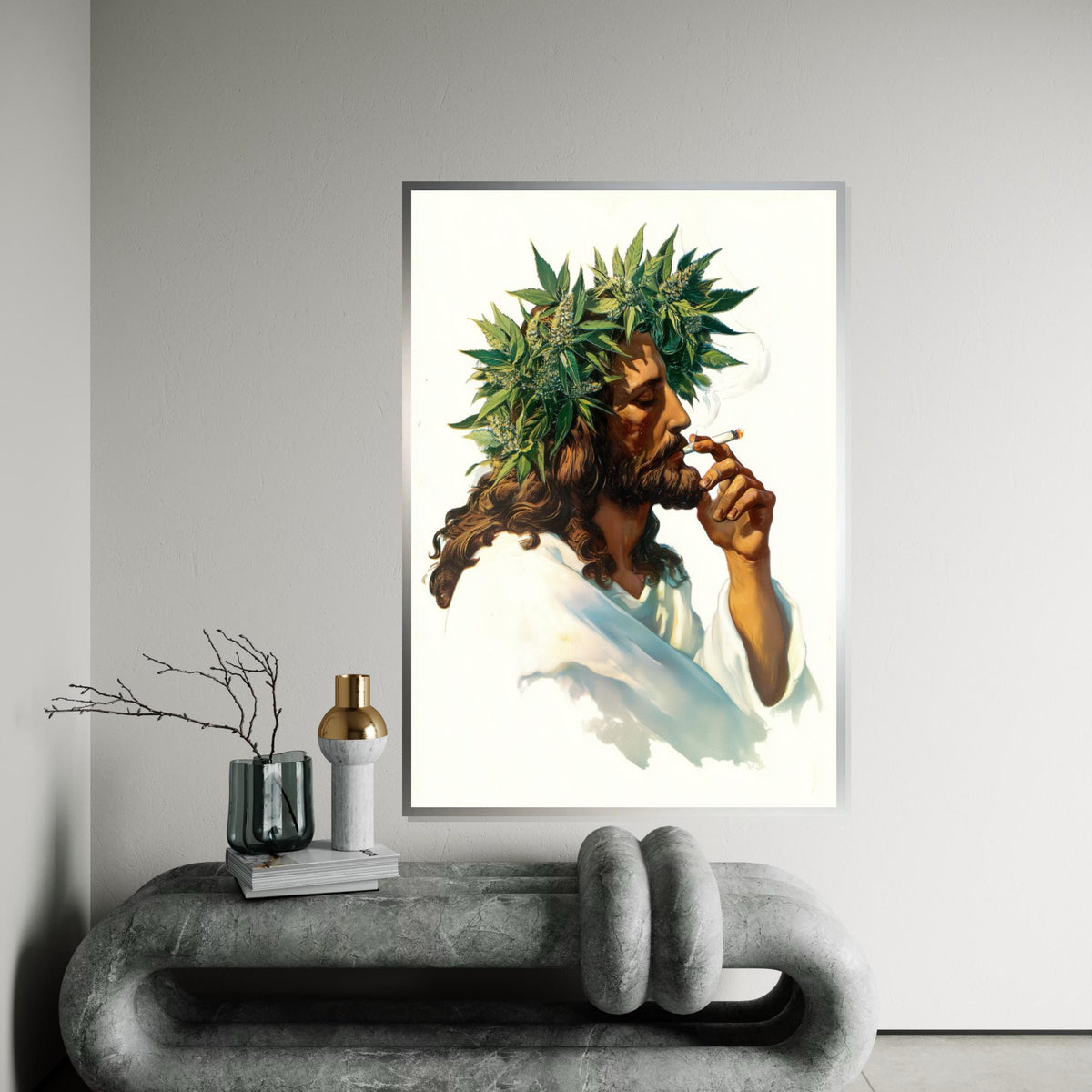 Jesus Smoking Joint Canvas Print – Retro 70s Italian-Pulp Illustration with Cannabis Crown, Boho Pop Art Wall Décor in Oil-Painting Style