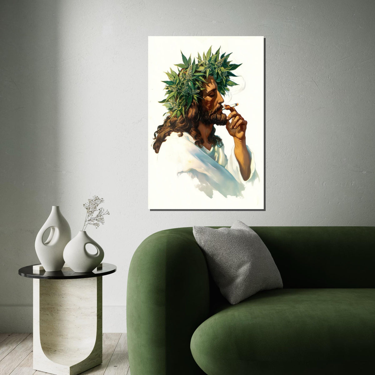 Jesus Smoking Joint Canvas Print – Retro 70s Italian-Pulp Illustration with Cannabis Crown, Boho Pop Art Wall Décor in Oil-Painting Style