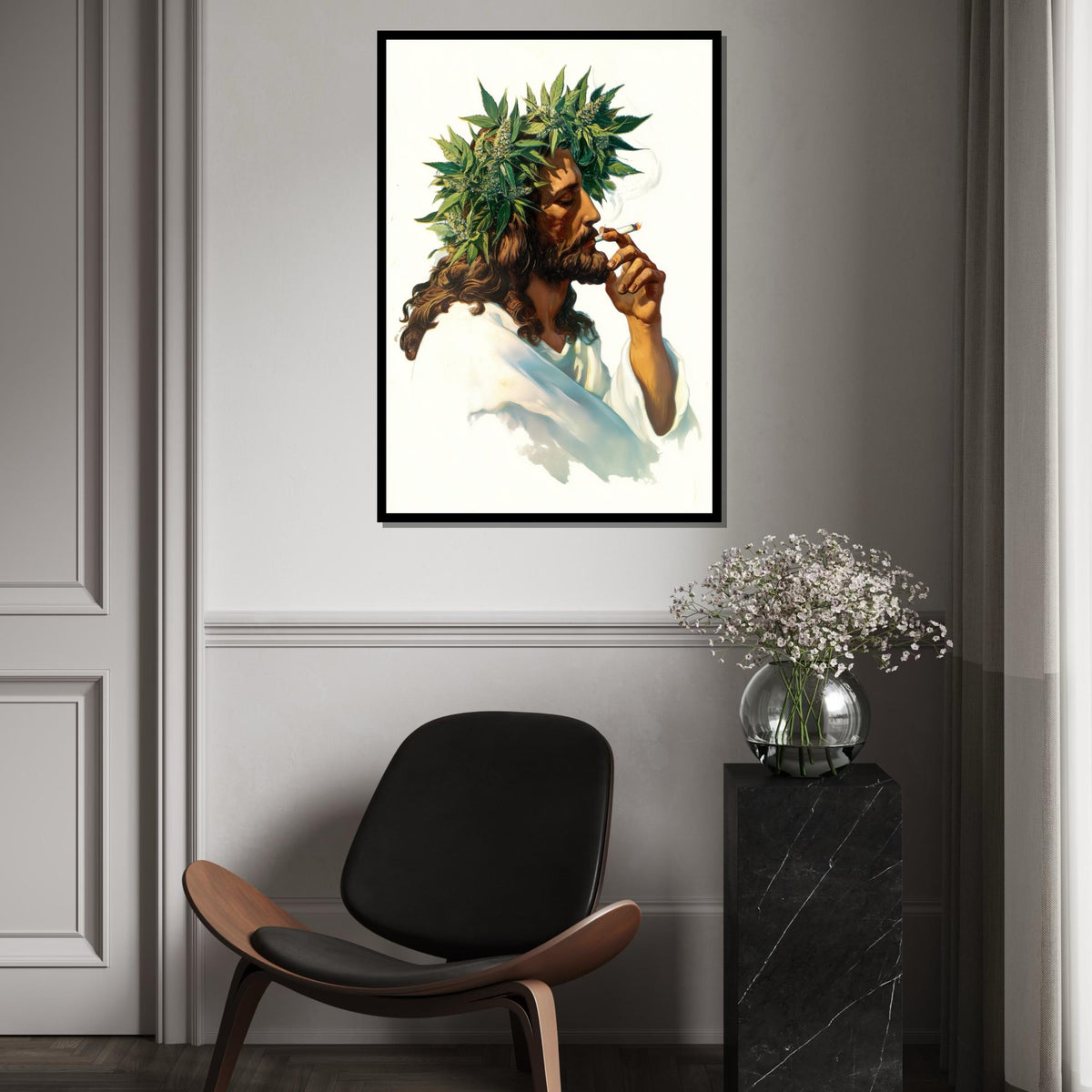 Jesus Smoking Joint Canvas Print – Retro 70s Italian-Pulp Illustration with Cannabis Crown, Boho Pop Art Wall Décor in Oil-Painting Style