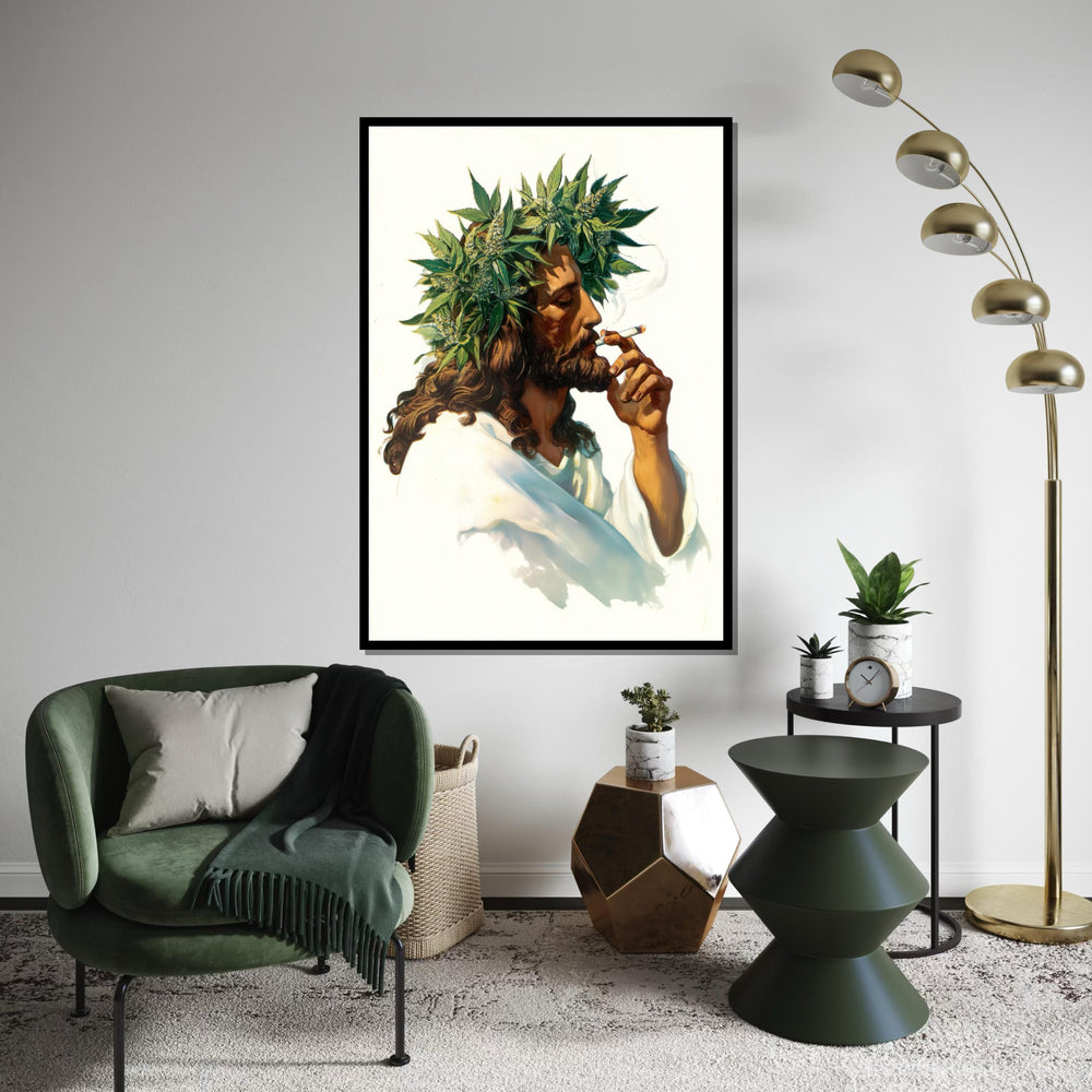 Jesus Smoking Joint Canvas Print – Retro 70s Italian-Pulp Illustration with Cannabis Crown, Boho Pop Art Wall Décor in Oil-Painting Style