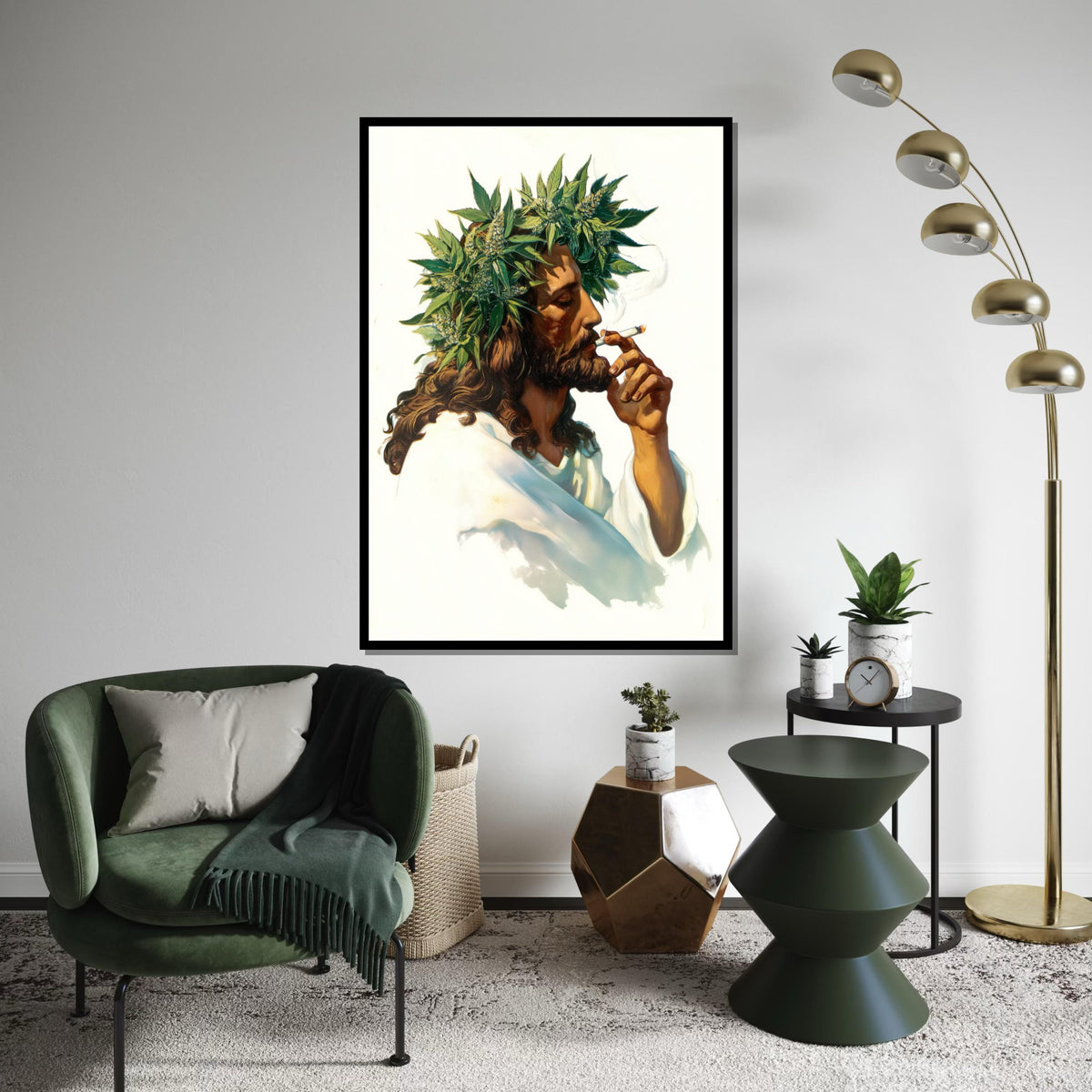 Jesus Smoking Joint Canvas Print – Retro 70s Italian-Pulp Illustration with Cannabis Crown, Boho Pop Art Wall Décor in Oil-Painting Style