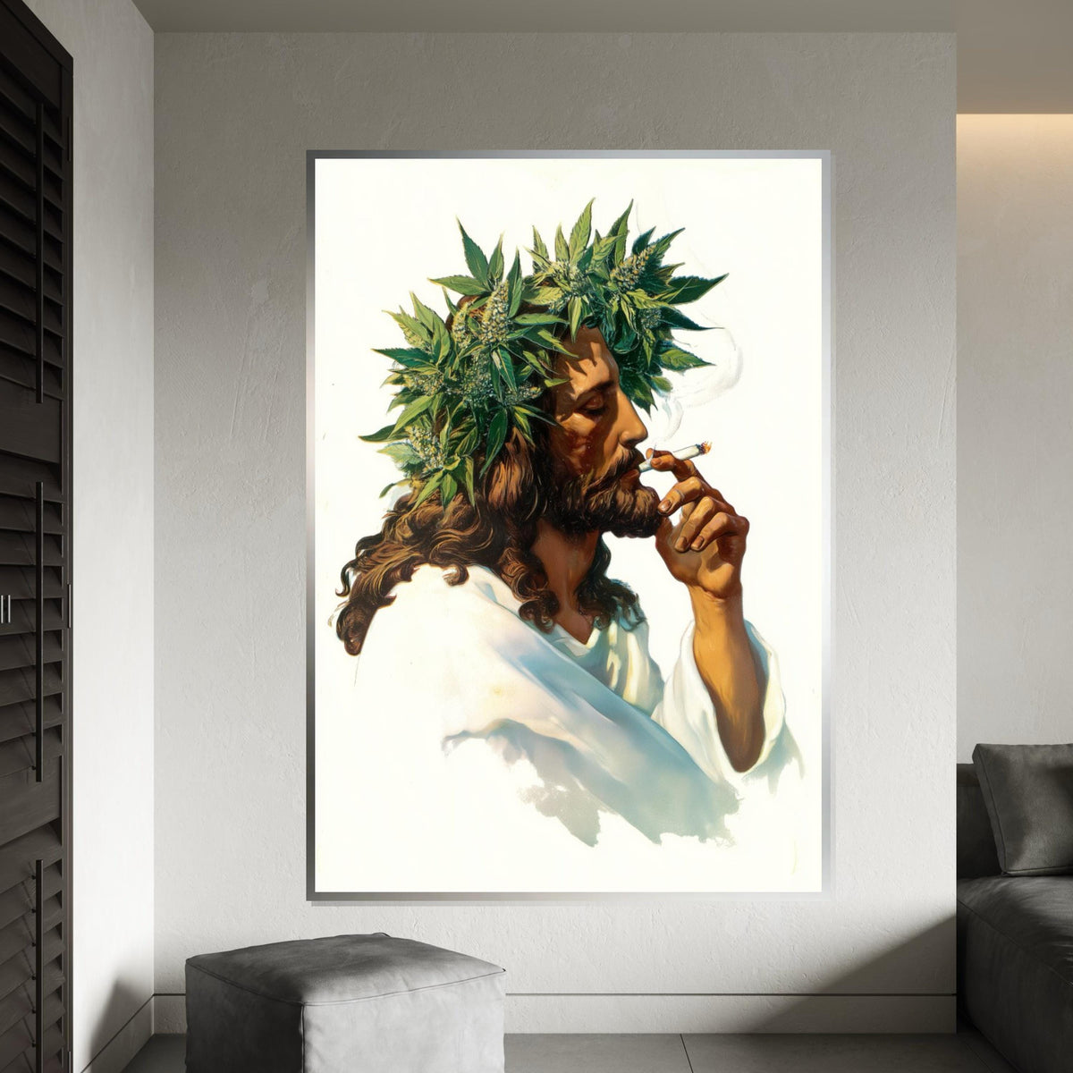 Jesus Smoking Joint Canvas Print – Retro 70s Italian-Pulp Illustration with Cannabis Crown, Boho Pop Art Wall Décor in Oil-Painting Style
