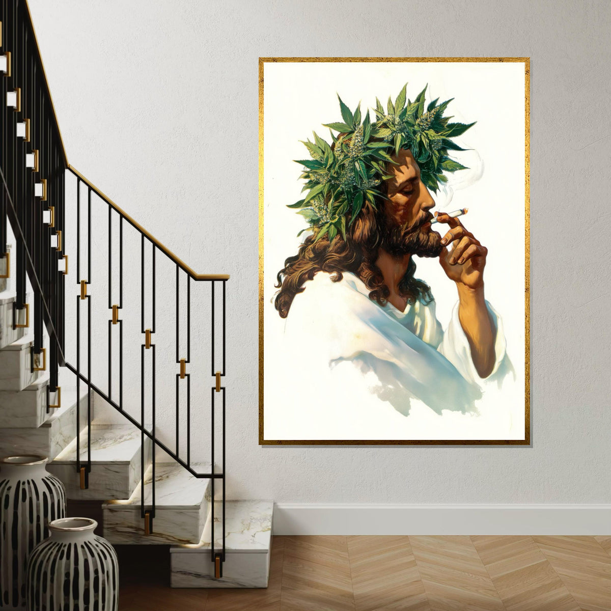 Jesus Smoking Joint Canvas Print – Retro 70s Italian-Pulp Illustration with Cannabis Crown, Boho Pop Art Wall Décor in Oil-Painting Style