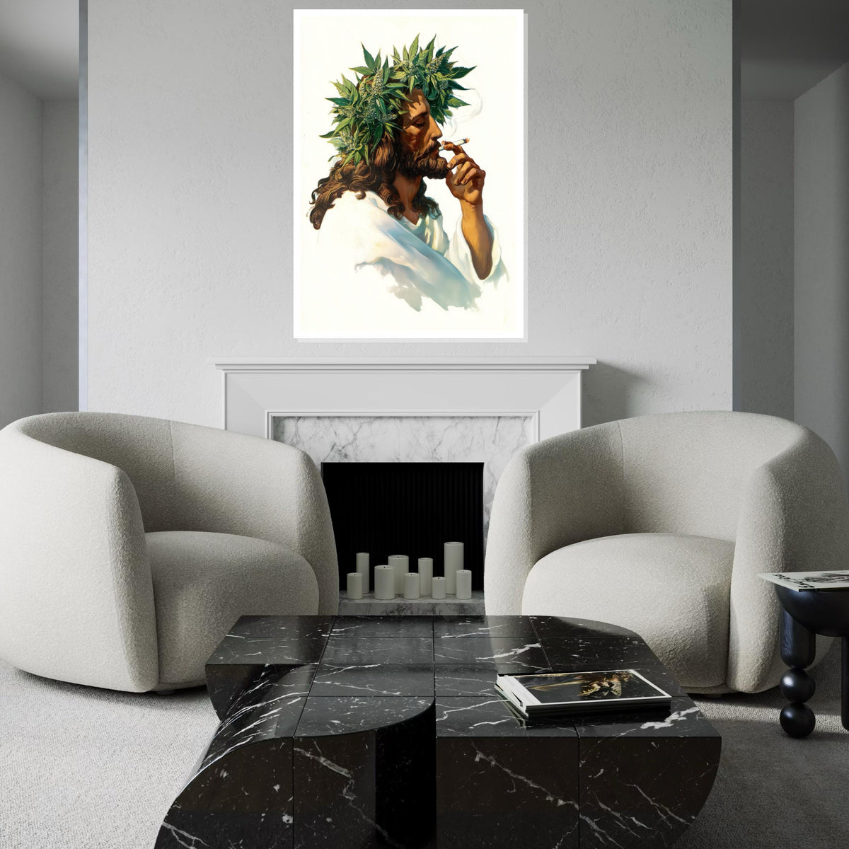 Jesus Smoking Joint Canvas Print – Retro 70s Italian-Pulp Illustration with Cannabis Crown, Boho Pop Art Wall Décor in Oil-Painting Style