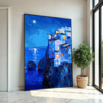 Moonlit Mediterranean Cliff Village Canvas Print – Vibrant Blue Oil-Painting Style Coastal Night Wall Art for Living Room Decor