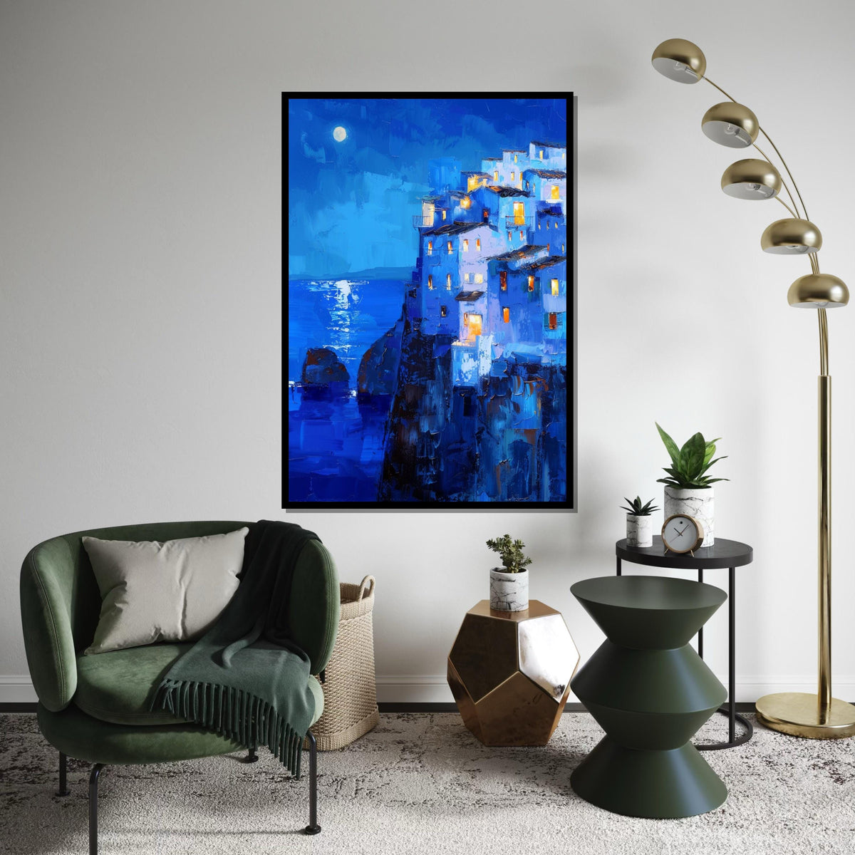 Moonlit Mediterranean Cliff Village Canvas Print – Vibrant Blue Oil-Painting Style Coastal Night Wall Art for Living Room Decor