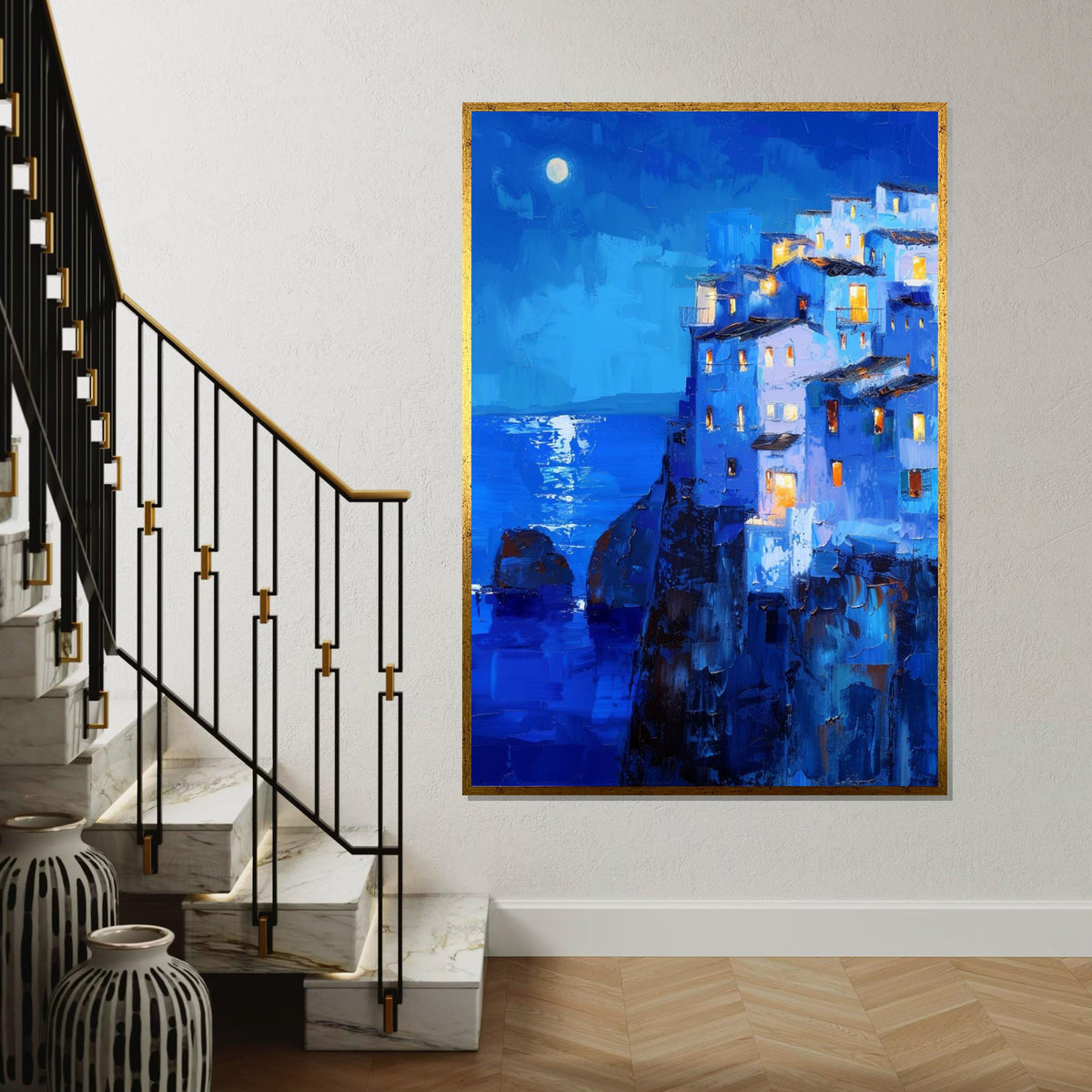 Moonlit Mediterranean Cliff Village Canvas Print – Vibrant Blue Oil-Painting Style Coastal Night Wall Art for Living Room Decor