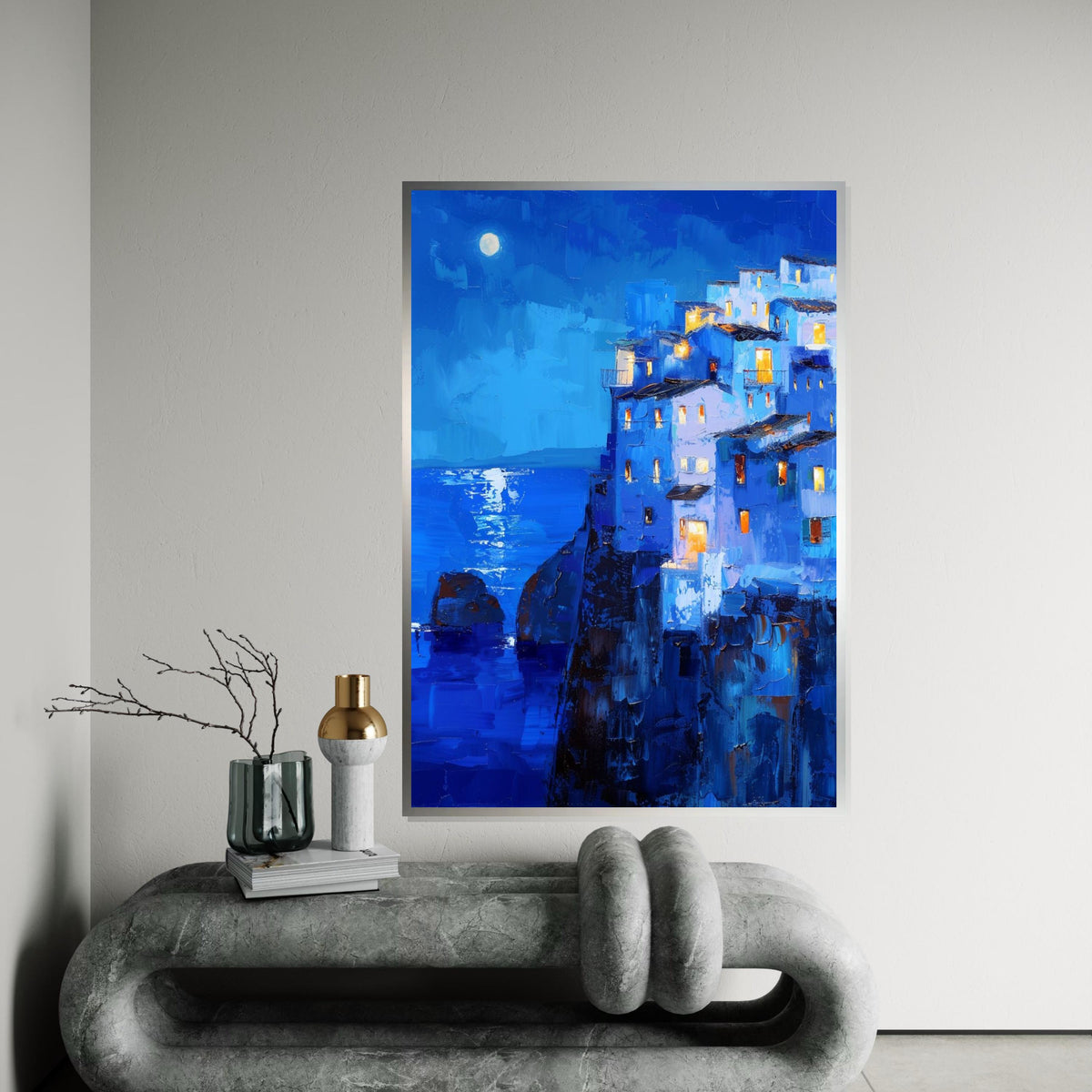 Moonlit Mediterranean Cliff Village Canvas Print – Vibrant Blue Oil-Painting Style Coastal Night Wall Art for Living Room Decor