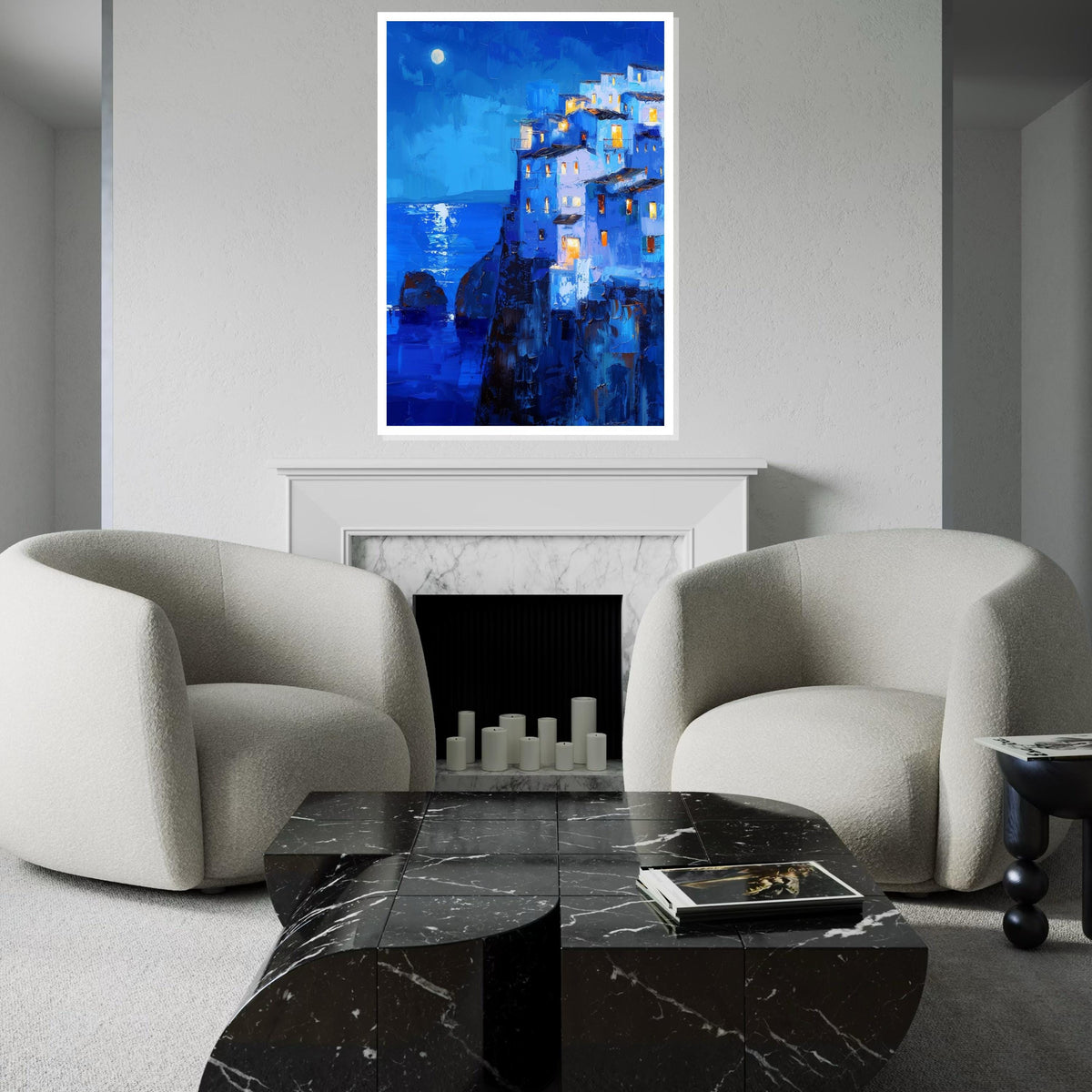 Moonlit Mediterranean Cliff Village Canvas Print – Vibrant Blue Oil-Painting Style Coastal Night Wall Art for Living Room Decor