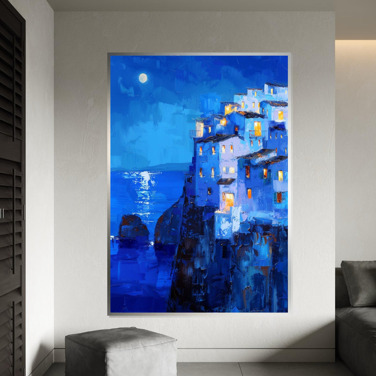 Moonlit Mediterranean Cliff Village Canvas Print – Vibrant Blue Oil-Painting Style Coastal Night Wall Art for Living Room Decor