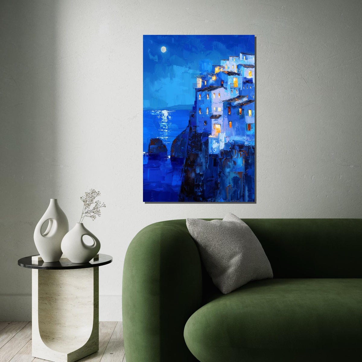 Moonlit Mediterranean Cliff Village Canvas Print – Vibrant Blue Oil-Painting Style Coastal Night Wall Art for Living Room Decor