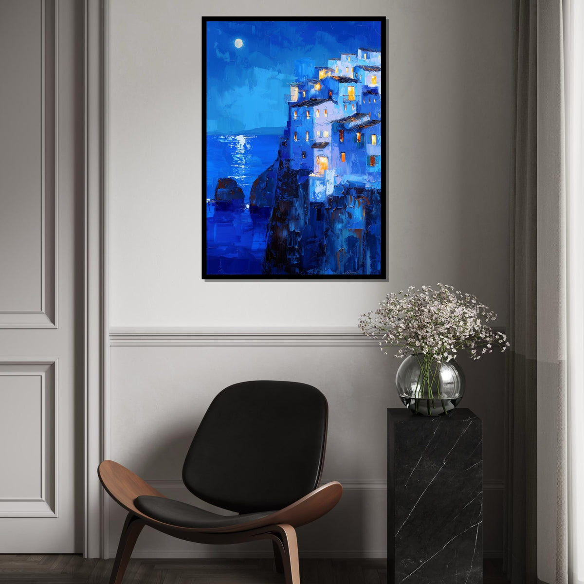 Moonlit Mediterranean Cliff Village Canvas Print – Vibrant Blue Oil-Painting Style Coastal Night Wall Art for Living Room Decor
