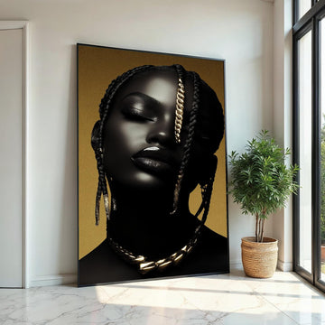 Afrocentric Gold Braid Portrait Canvas Print,High-Gloss Photo-Art Style Black Woman Glam Wall Art Print for Bar,Office,or Living Room Decor