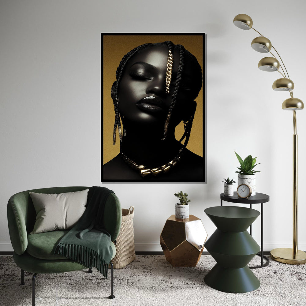 Afrocentric Gold Braid Portrait Canvas Print,High-Gloss Photo-Art Style Black Woman Glam Wall Art Print for Bar,Office,or Living Room Decor