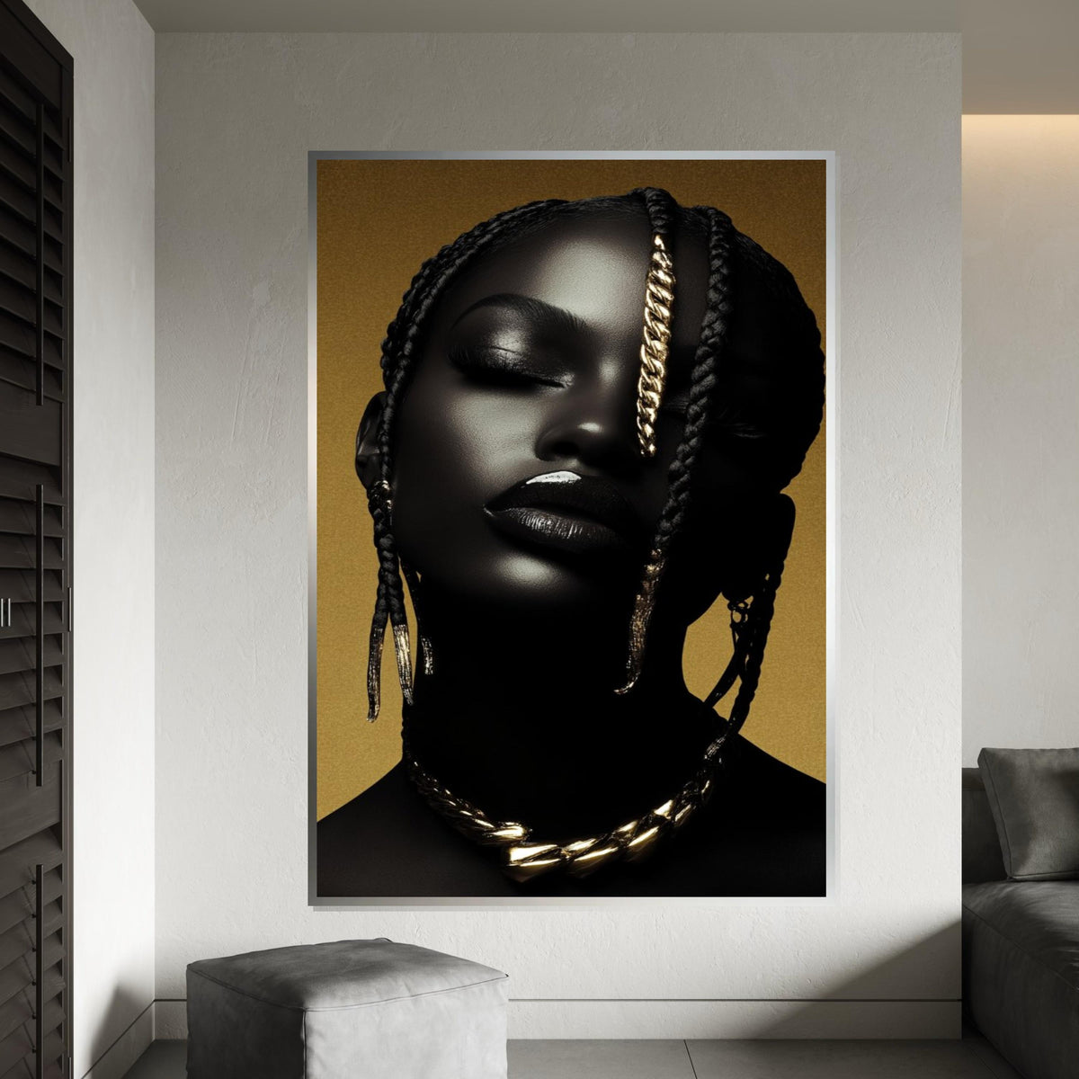 Afrocentric Gold Braid Portrait Canvas Print,High-Gloss Photo-Art Style Black Woman Glam Wall Art Print for Bar,Office,or Living Room Decor