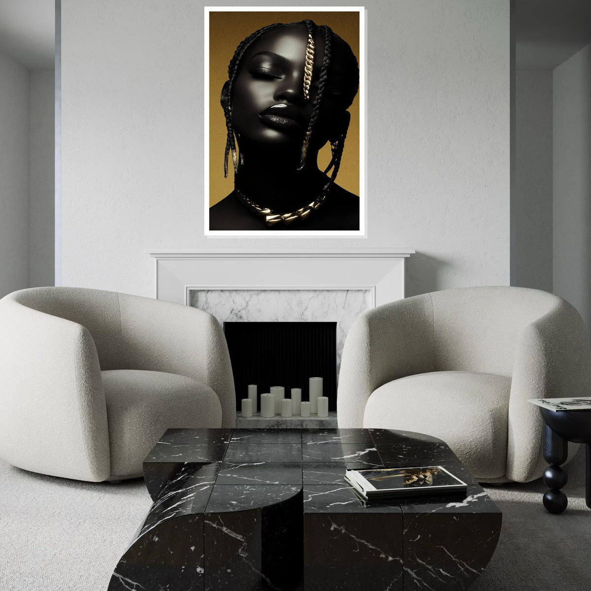 Afrocentric Gold Braid Portrait Canvas Print,High-Gloss Photo-Art Style Black Woman Glam Wall Art Print for Bar,Office,or Living Room Decor