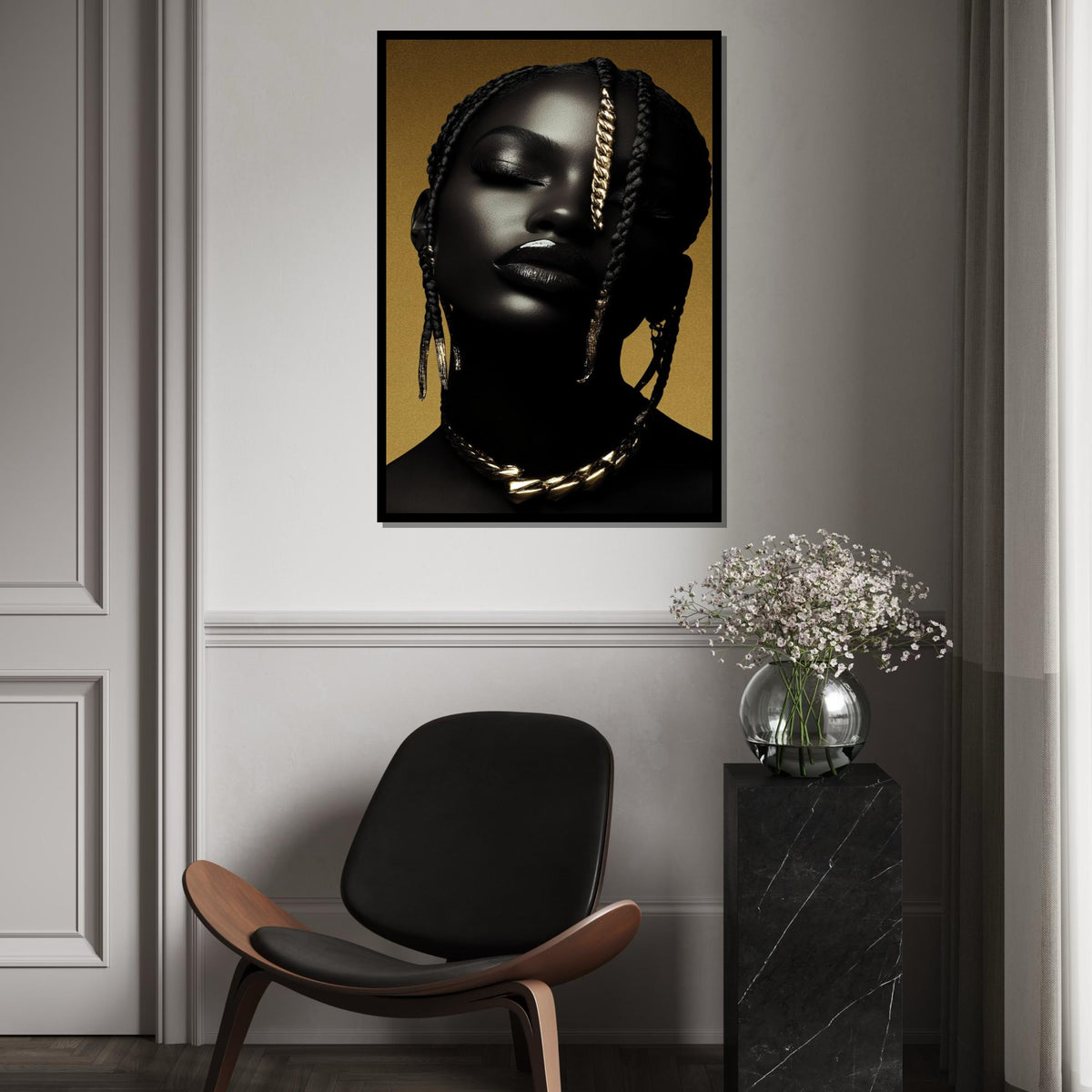 Afrocentric Gold Braid Portrait Canvas Print,High-Gloss Photo-Art Style Black Woman Glam Wall Art Print for Bar,Office,or Living Room Decor