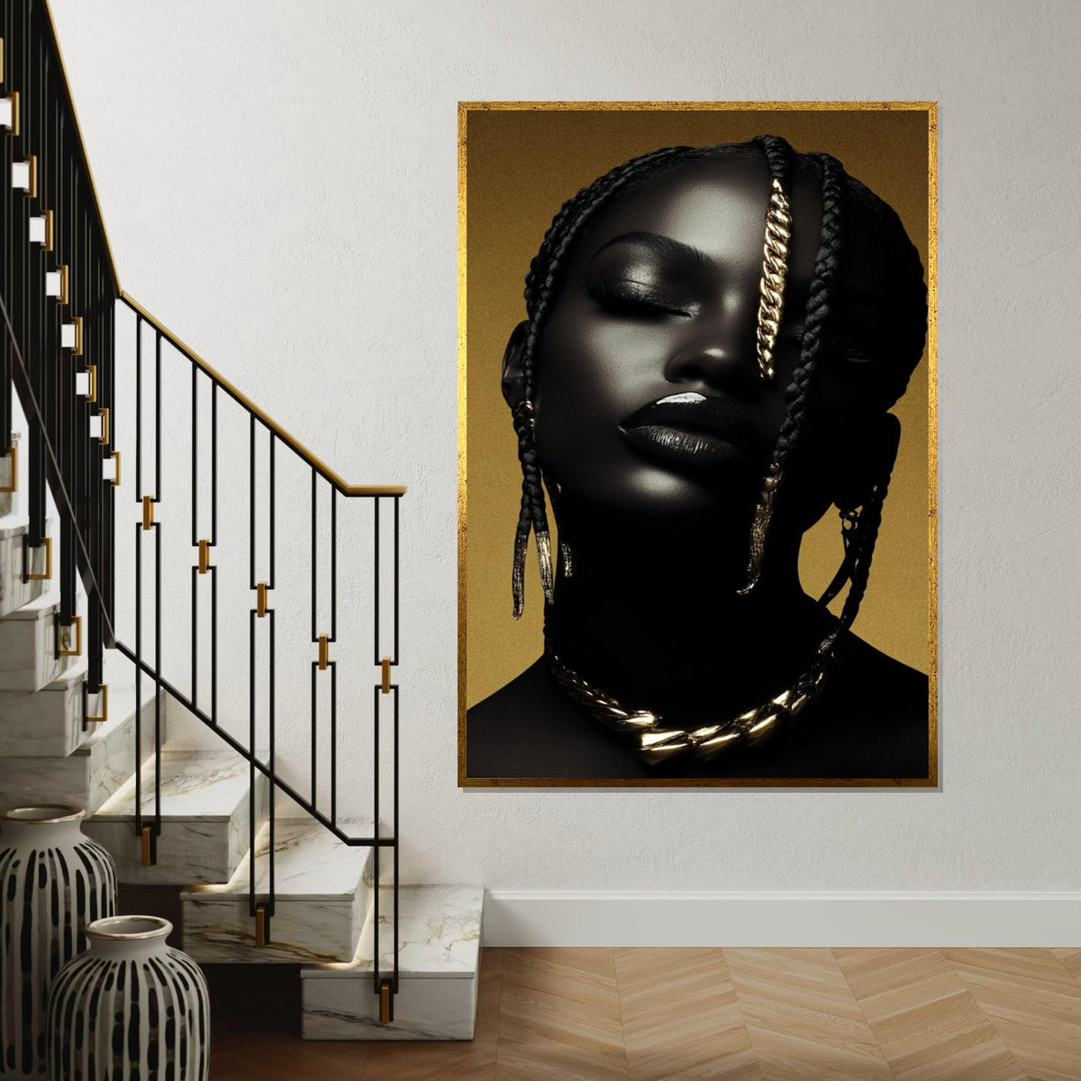 Afrocentric Gold Braid Portrait Canvas Print,High-Gloss Photo-Art Style Black Woman Glam Wall Art Print for Bar,Office,or Living Room Decor
