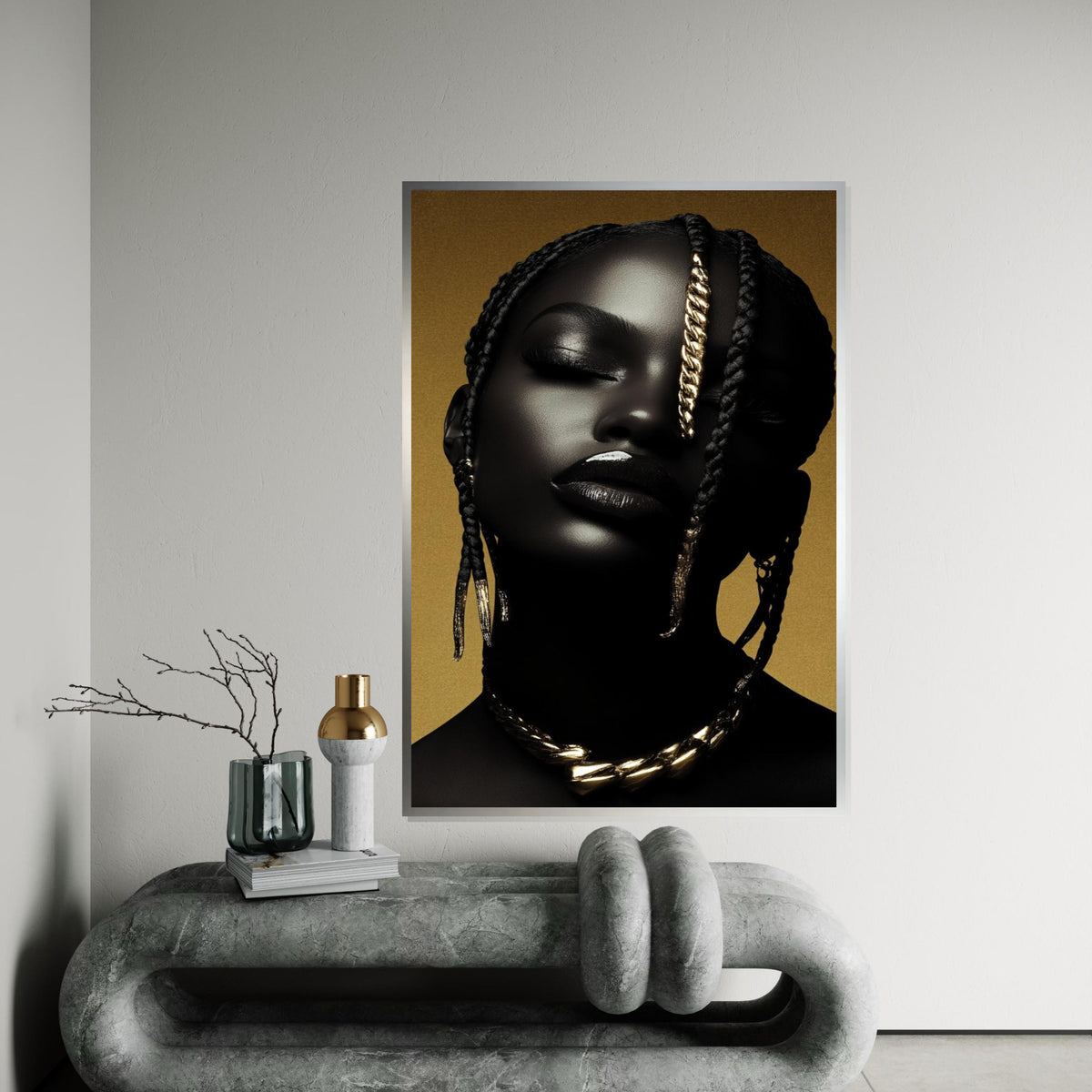 Afrocentric Gold Braid Portrait Canvas Print,High-Gloss Photo-Art Style Black Woman Glam Wall Art Print for Bar,Office,or Living Room Decor