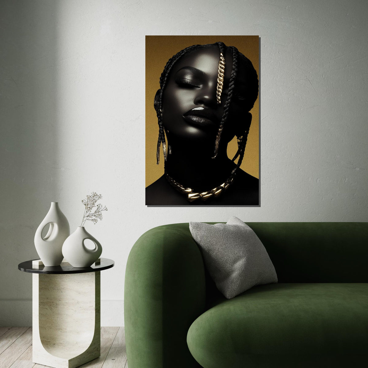 Afrocentric Gold Braid Portrait Canvas Print,High-Gloss Photo-Art Style Black Woman Glam Wall Art Print for Bar,Office,or Living Room Decor