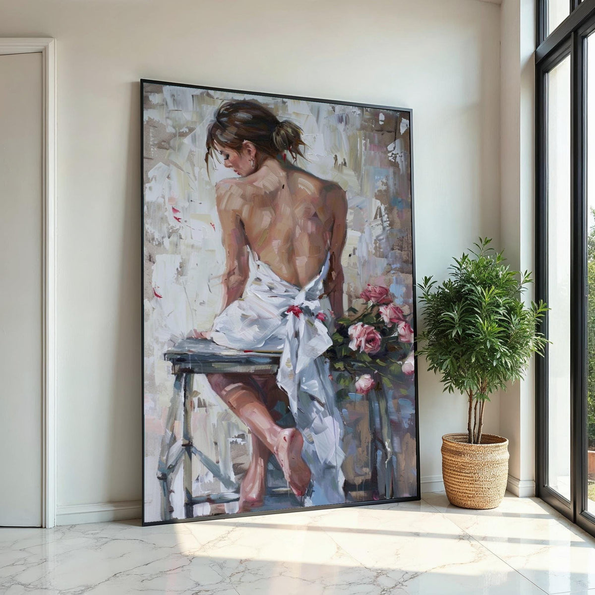 Graceful Back Pose Canvas, Elegant Woman Art, Floral Canvas Art, Wall Art Canvas Design, Ready to Hang Romantic Décor