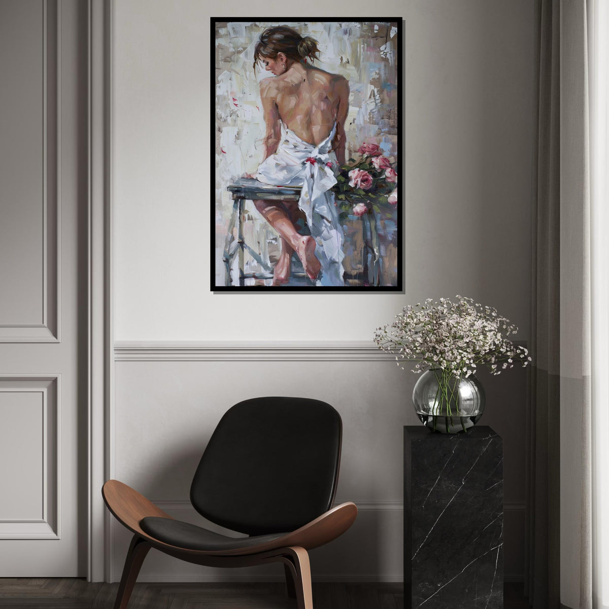 Graceful Back Pose Canvas, Elegant Woman Art, Floral Canvas Art, Wall Art Canvas Design, Ready to Hang Romantic Décor