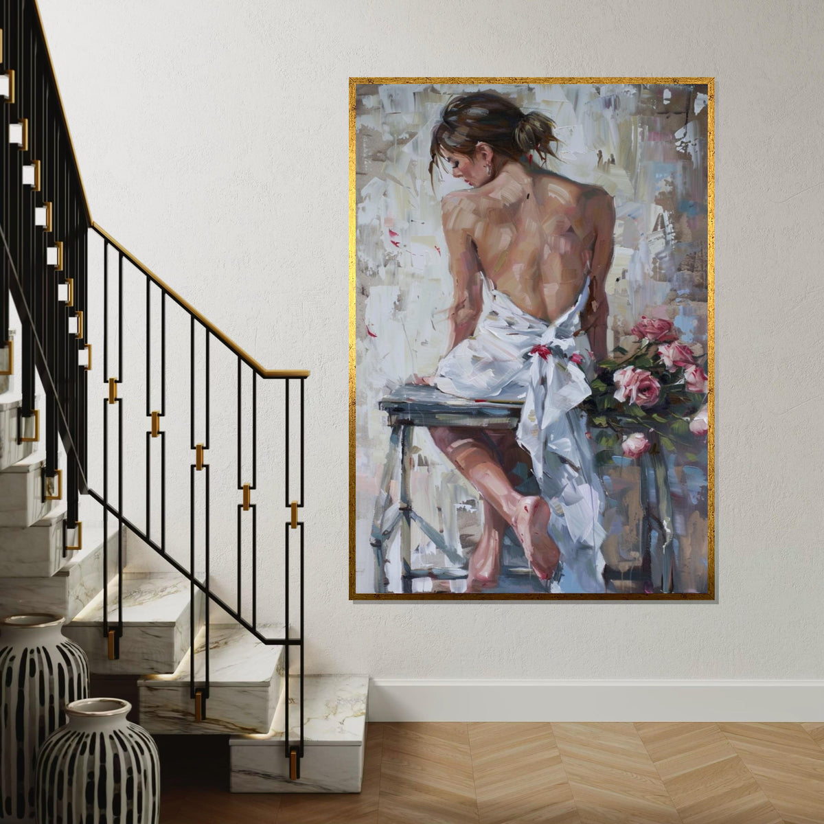 Graceful Back Pose Canvas, Elegant Woman Art, Floral Canvas Art, Wall Art Canvas Design, Ready to Hang Romantic Décor