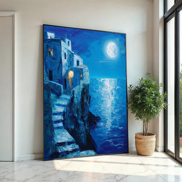 Moonlit Seaside Stairway Canvas Print – Deep Blue Oil-Painting Style Coastal Cliff House Night Scene Wall Art for Living Room Decor