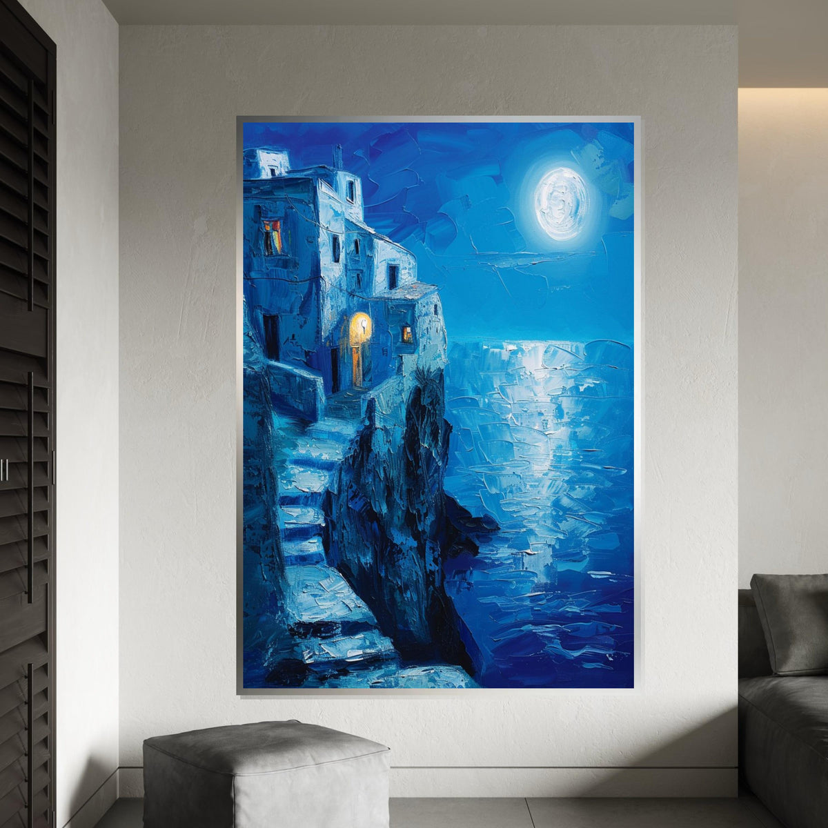 Moonlit Seaside Stairway Canvas Print – Deep Blue Oil-Painting Style Coastal Cliff House Night Scene Wall Art for Living Room Decor