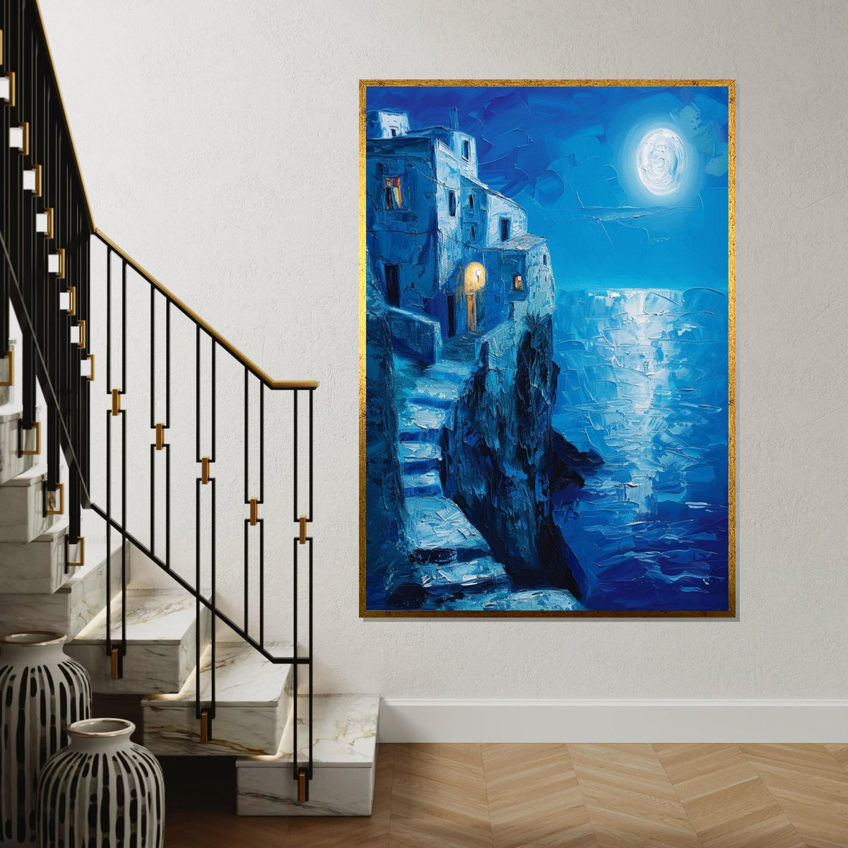 Moonlit Seaside Stairway Canvas Print – Deep Blue Oil-Painting Style Coastal Cliff House Night Scene Wall Art for Living Room Decor