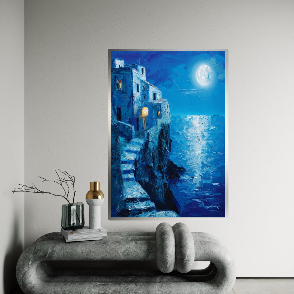 Moonlit Seaside Stairway Canvas Print – Deep Blue Oil-Painting Style Coastal Cliff House Night Scene Wall Art for Living Room Decor
