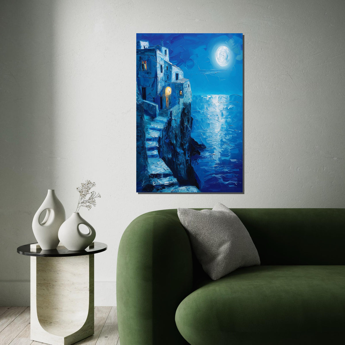 Moonlit Seaside Stairway Canvas Print – Deep Blue Oil-Painting Style Coastal Cliff House Night Scene Wall Art for Living Room Decor