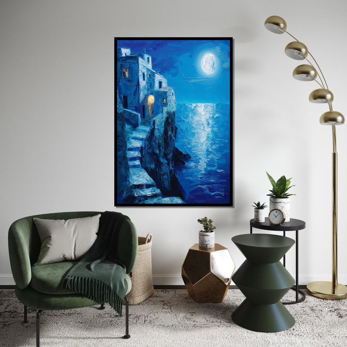 Moonlit Seaside Stairway Canvas Print – Deep Blue Oil-Painting Style Coastal Cliff House Night Scene Wall Art for Living Room Decor