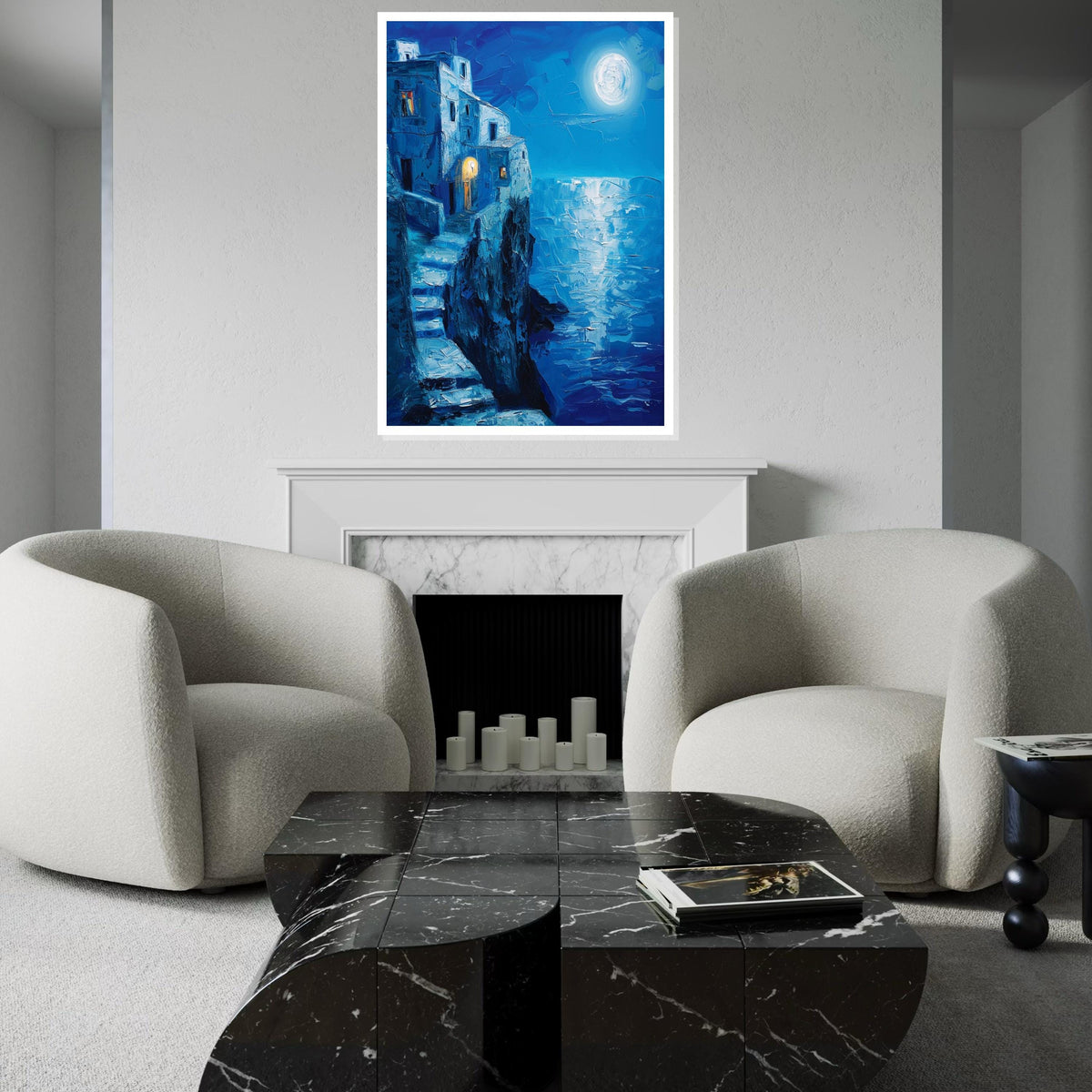 Moonlit Seaside Stairway Canvas Print – Deep Blue Oil-Painting Style Coastal Cliff House Night Scene Wall Art for Living Room Decor