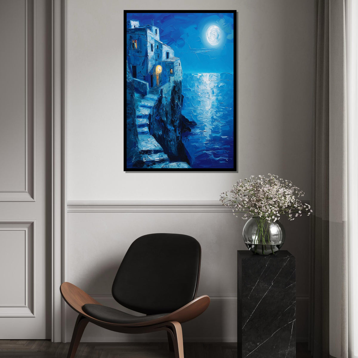 Moonlit Seaside Stairway Canvas Print – Deep Blue Oil-Painting Style Coastal Cliff House Night Scene Wall Art for Living Room Decor