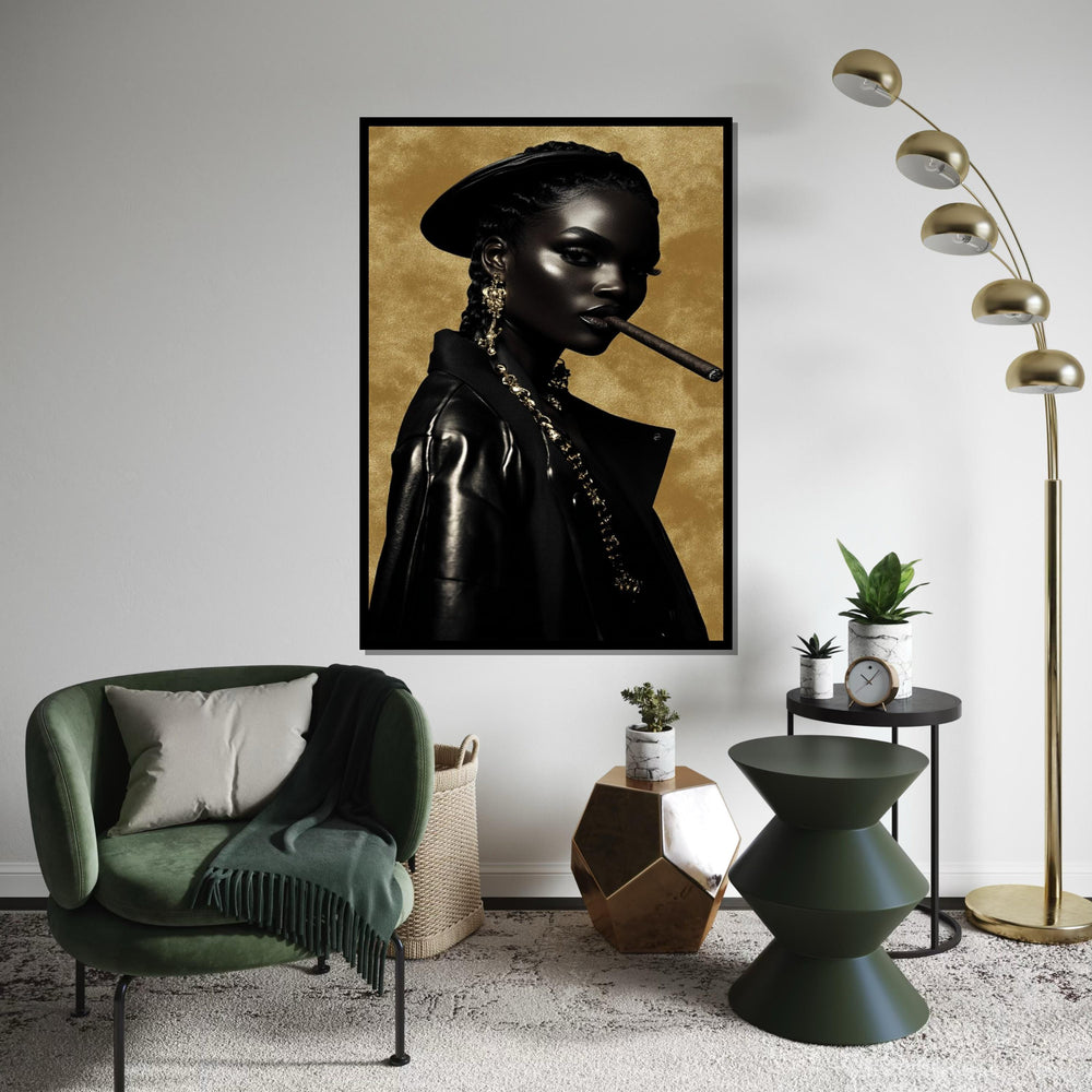 Afrocentric Glam Cigar Portrait Canvas Print – Oil-Painting Style Black Woman in Leather Gold Chains Modern Wall Art Decor