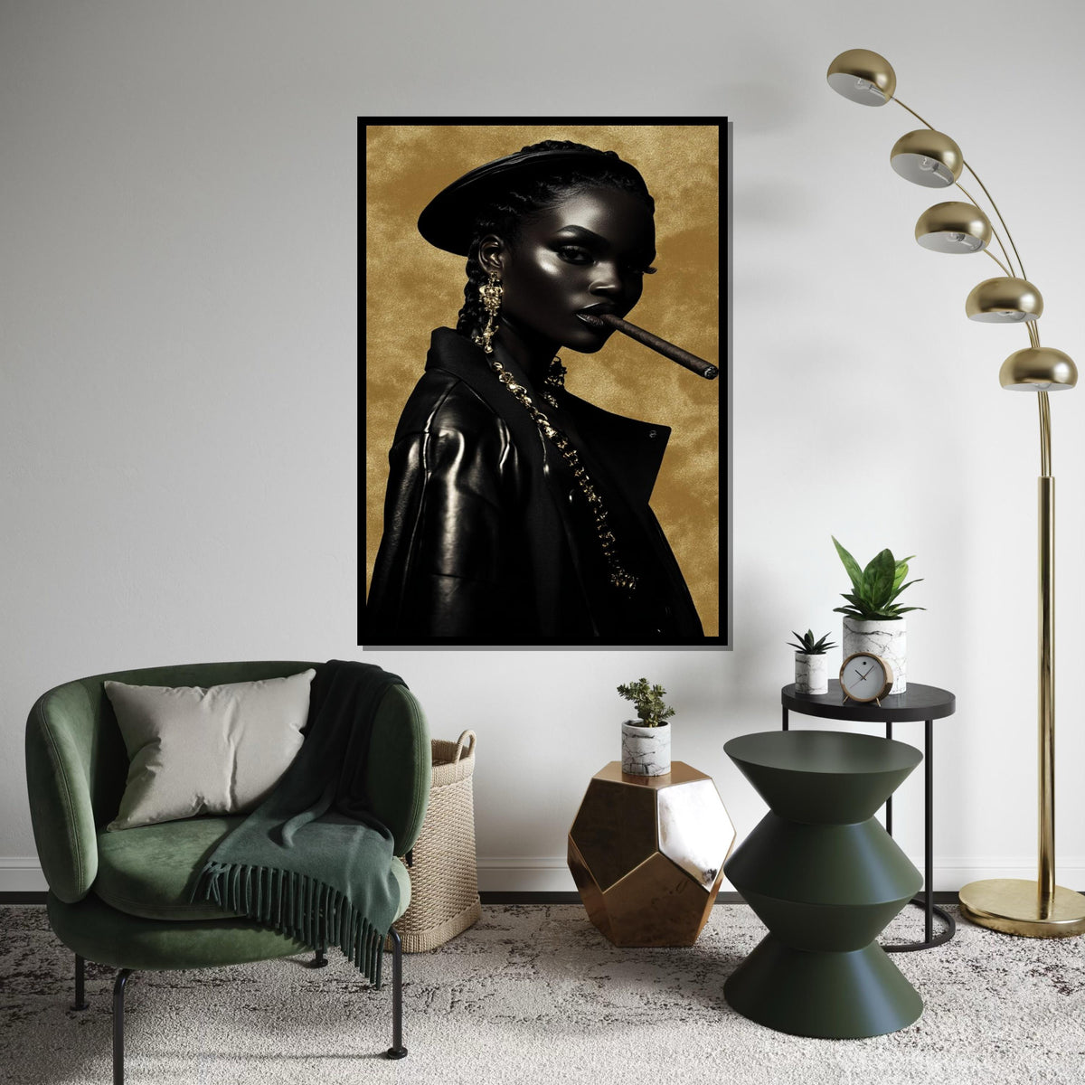 Afrocentric Glam Cigar Portrait Canvas Print – Oil-Painting Style Black Woman in Leather Gold Chains Modern Wall Art Decor