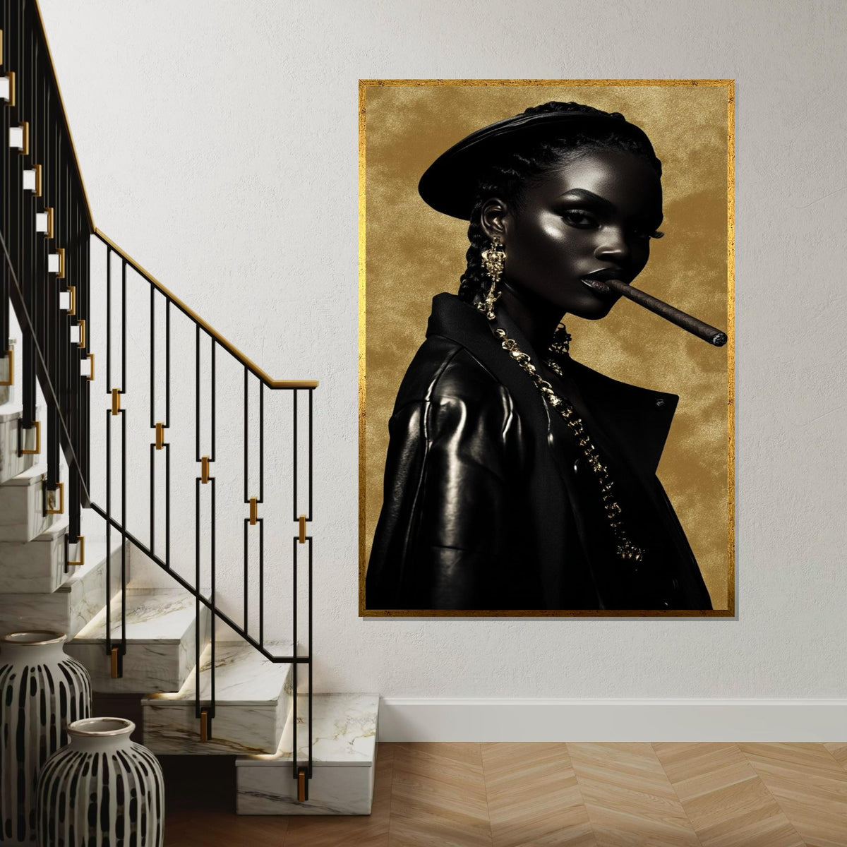 Afrocentric Glam Cigar Portrait Canvas Print – Oil-Painting Style Black Woman in Leather Gold Chains Modern Wall Art Decor