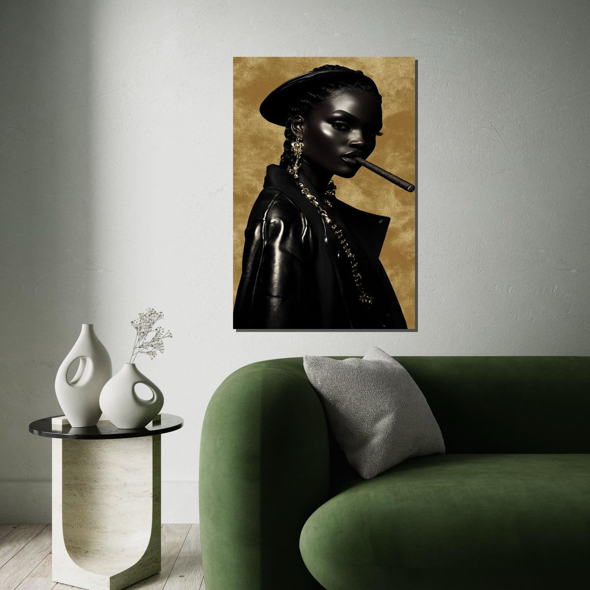 Afrocentric Glam Cigar Portrait Canvas Print – Oil-Painting Style Black Woman in Leather Gold Chains Modern Wall Art Decor