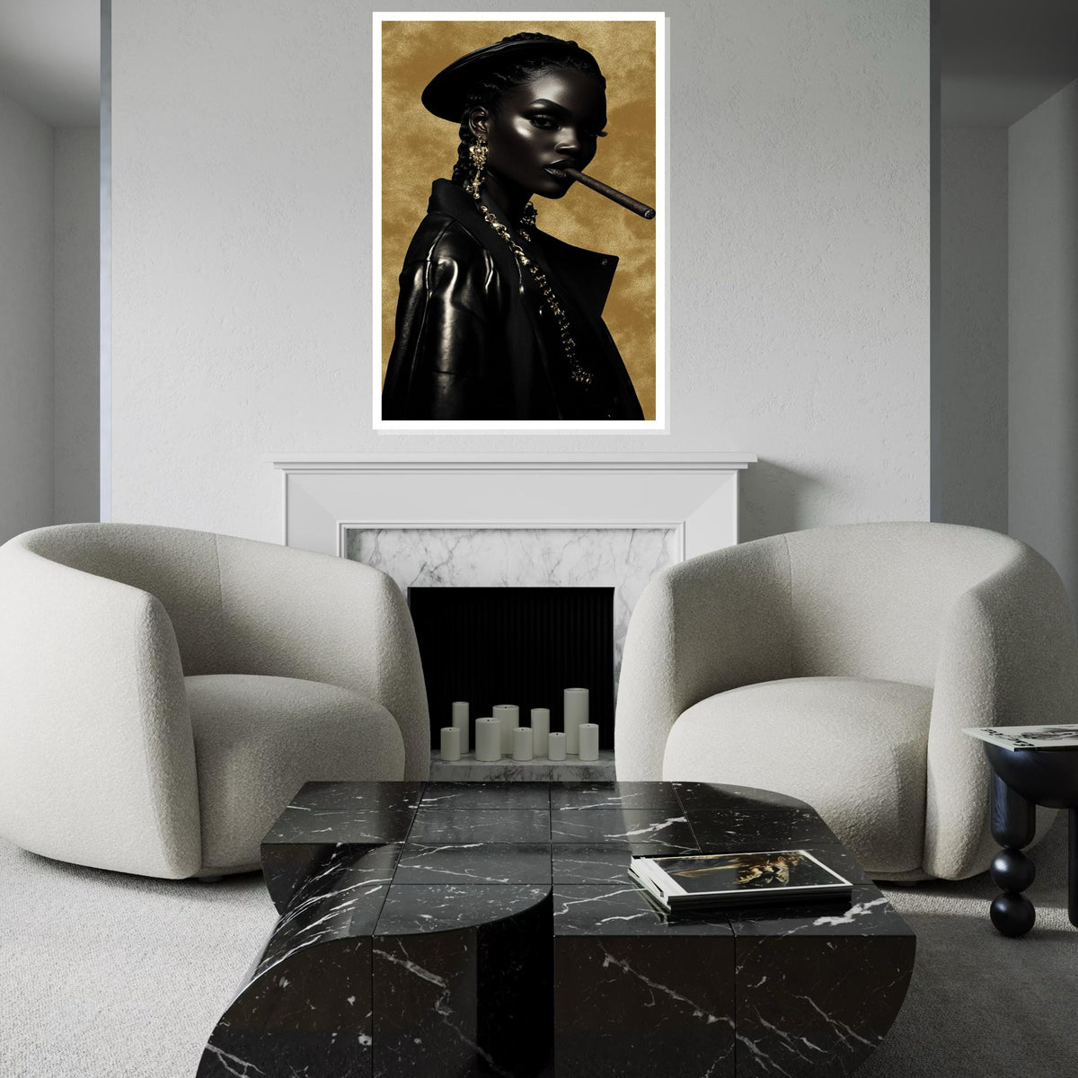 Afrocentric Glam Cigar Portrait Canvas Print – Oil-Painting Style Black Woman in Leather Gold Chains Modern Wall Art Decor