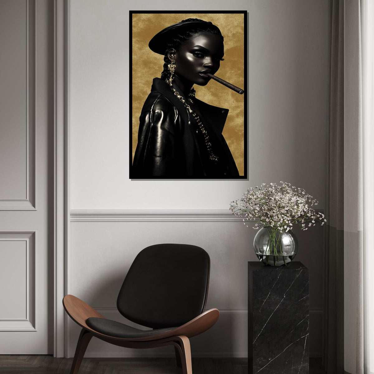 Afrocentric Glam Cigar Portrait Canvas Print – Oil-Painting Style Black Woman in Leather Gold Chains Modern Wall Art Decor