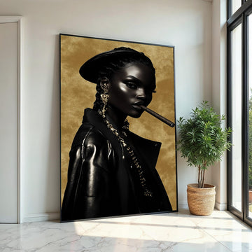 Afrocentric Glam Cigar Portrait Canvas Print – Oil-Painting Style Black Woman in Leather Gold Chains Modern Wall Art Decor