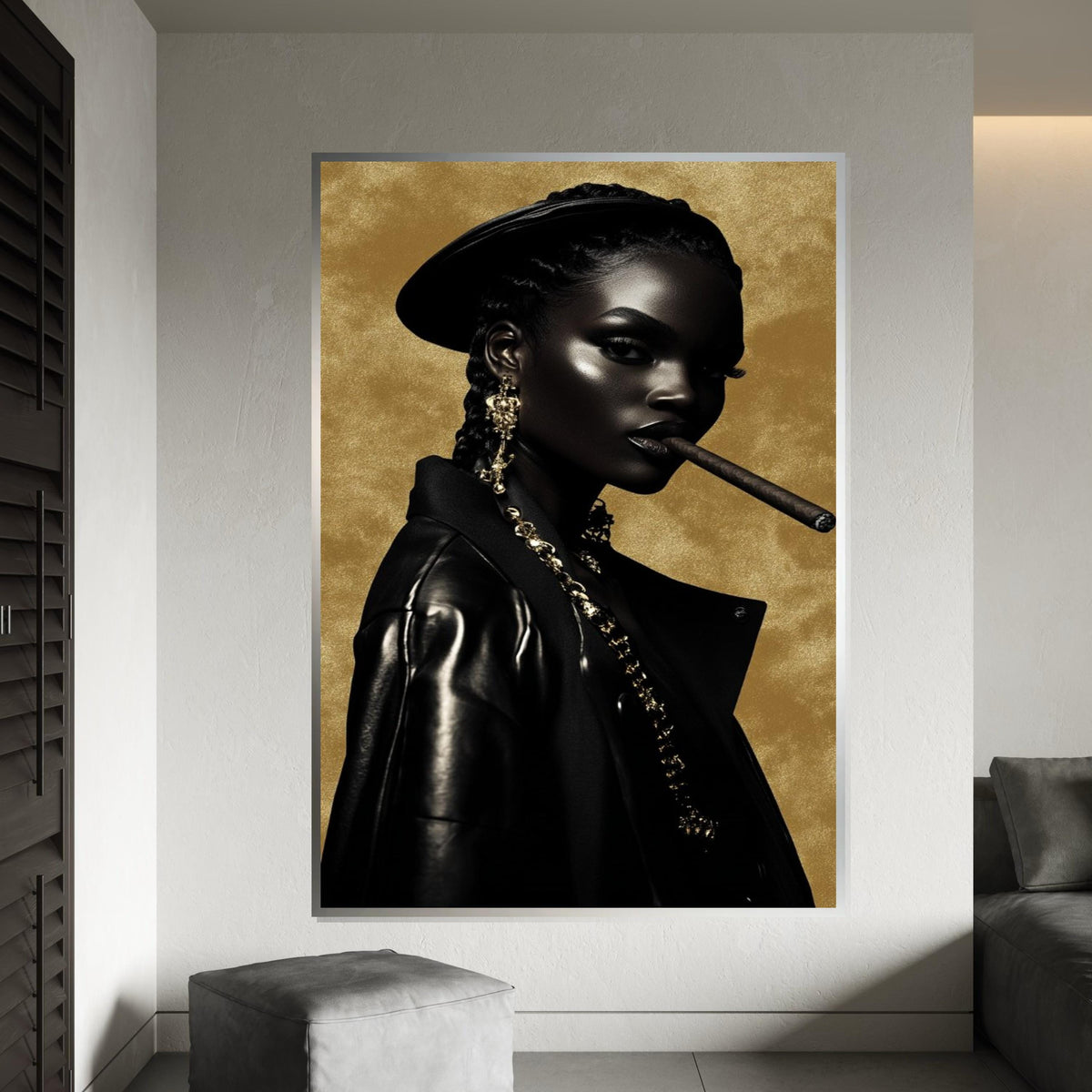 Afrocentric Glam Cigar Portrait Canvas Print – Oil-Painting Style Black Woman in Leather Gold Chains Modern Wall Art Decor