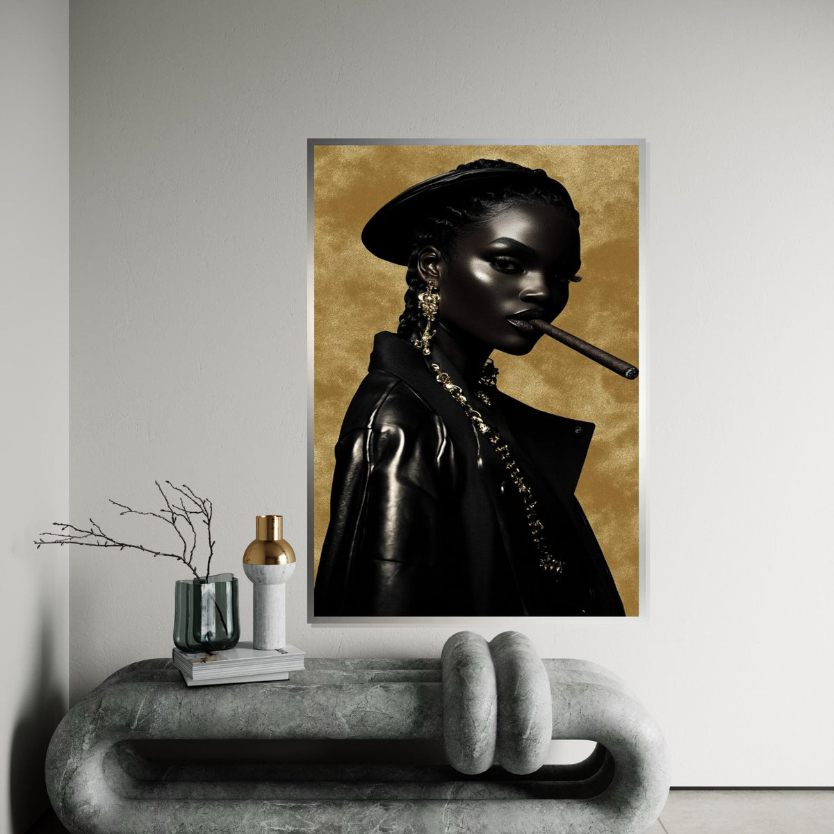 Afrocentric Glam Cigar Portrait Canvas Print – Oil-Painting Style Black Woman in Leather Gold Chains Modern Wall Art Decor