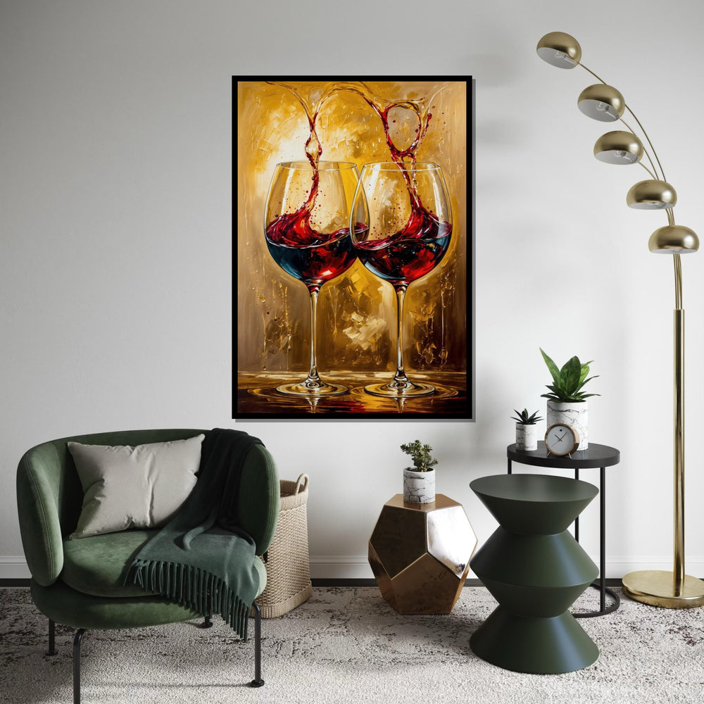 Red Wine Splash Canvas Print, Pair of Wine Glasses Art, Dramatic Beverage Still Life,Modern BarKitchen Wall Decor,Oil-Texture Painting Print