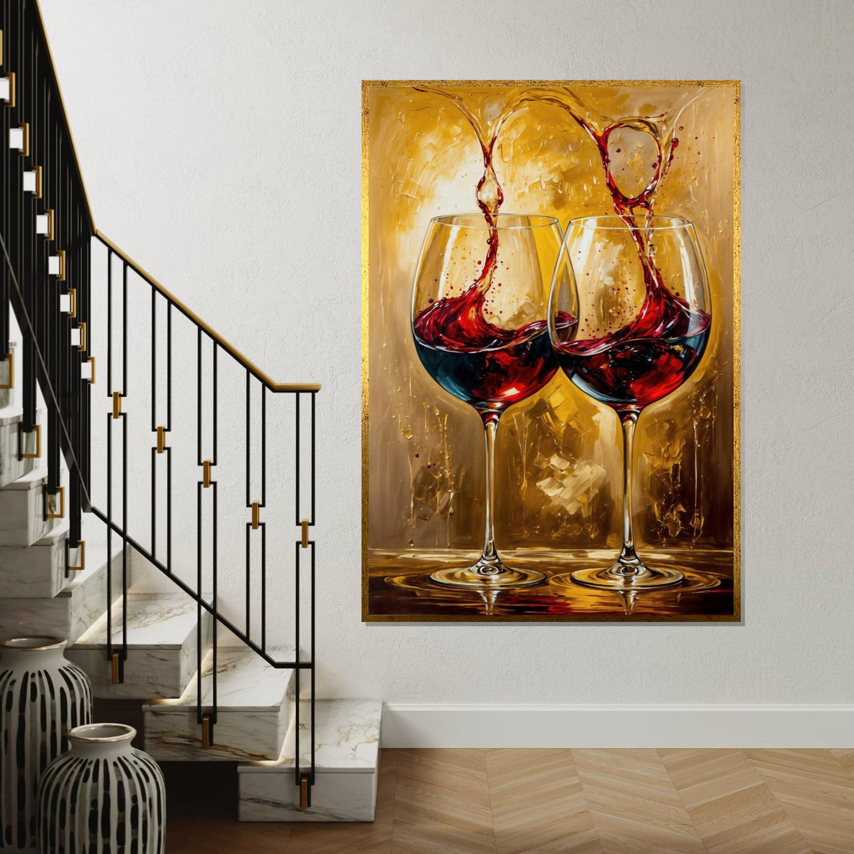 Red Wine Splash Canvas Print, Pair of Wine Glasses Art, Dramatic Beverage Still Life,Modern BarKitchen Wall Decor,Oil-Texture Painting Print